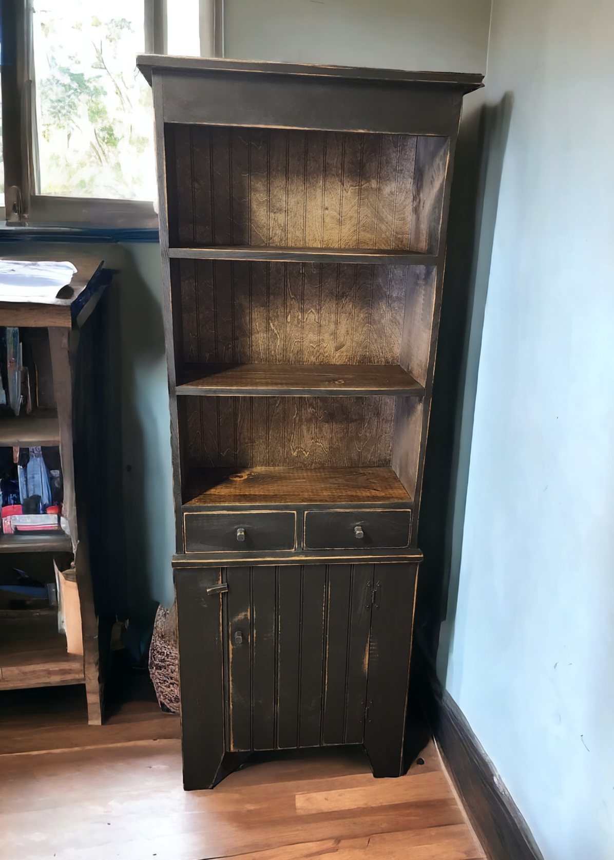 Rustic Handcrafted Bookcase, Primitive Style Hutch, Farmhouse Storage, Vintage Decor