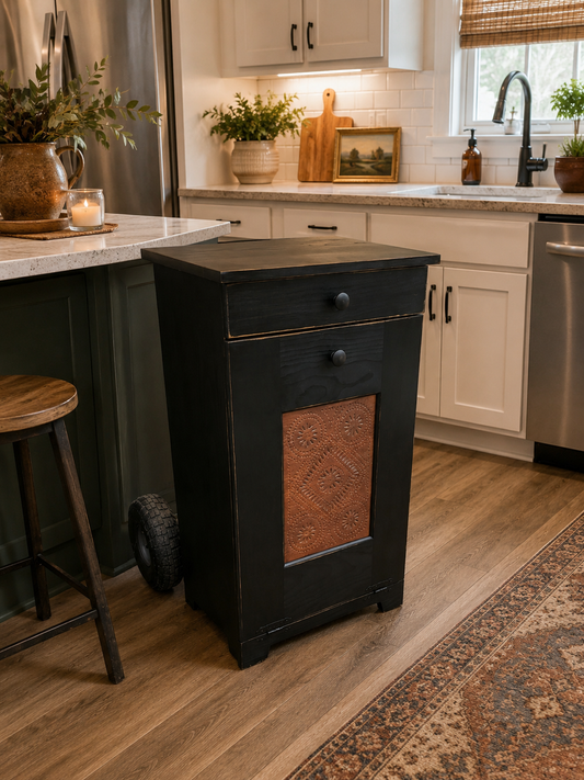 Tilt out rustic trash bin / Pull out laundry bin / Farmhouse style trash cabinet