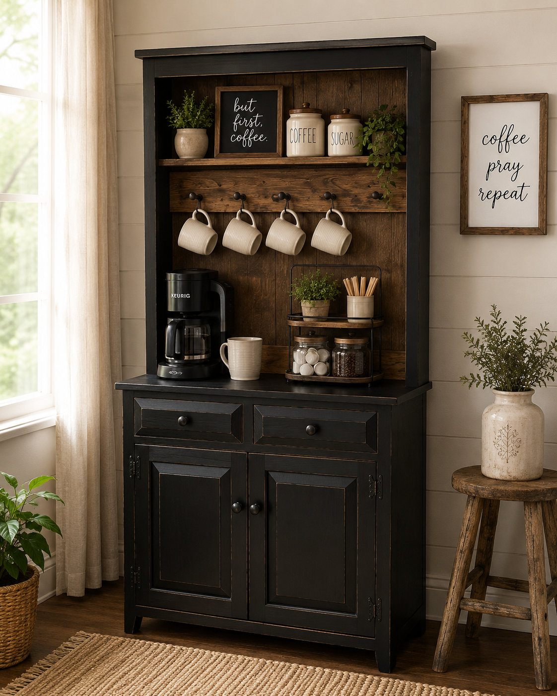 Rustic Farmhouse Coffee Bar Hutch - Handmade Primitive Kitchen Storage Cabinet