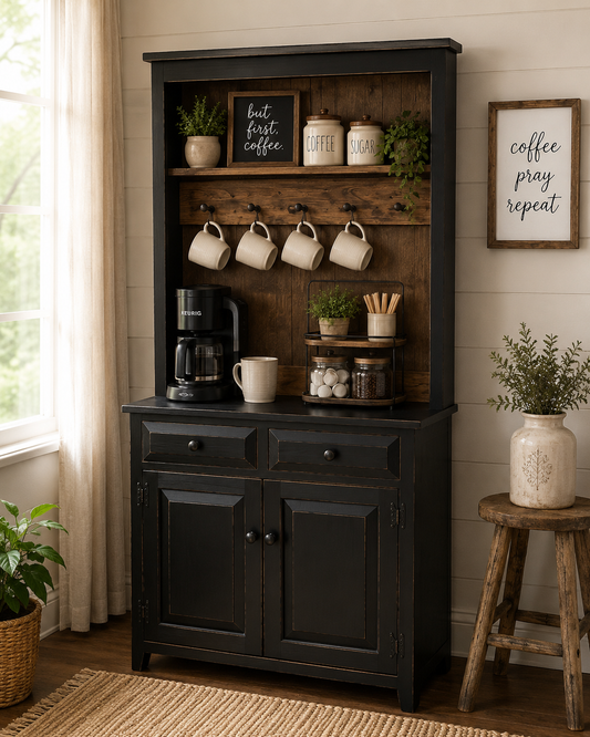 Rustic Farmhouse Coffee Bar Hutch - Handmade Primitive Kitchen Storage Cabinet