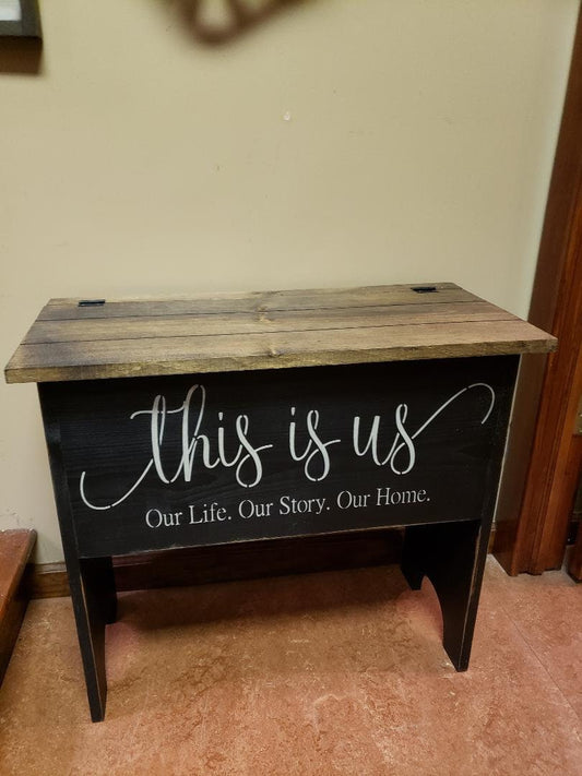 Rustic storage bench with flip lid in distressed finish