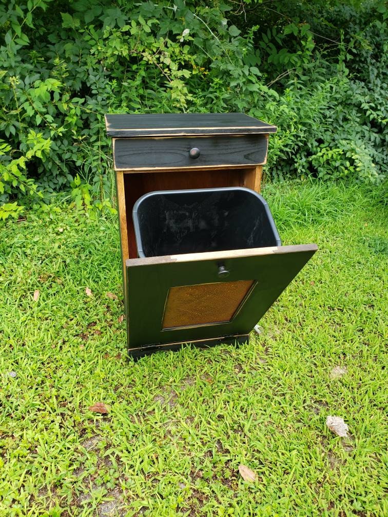 Tilt out rustic trash bin / Pull out laundry bin / Farmhouse style trash cabinet