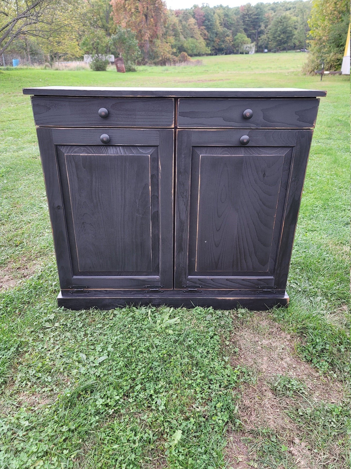 Rustic Handcrafted Double Tilt Door Trash Bin, Wooden Trash Can, Farmhouse Style Garbage Container